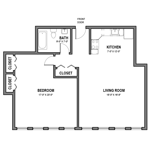 Floor plan for 1 bed, 1 bath, 796 sqft